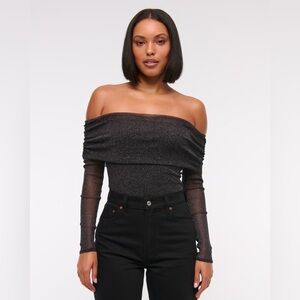 Long-Sleeve Off-The-Shoulder Mesh Bodysuit